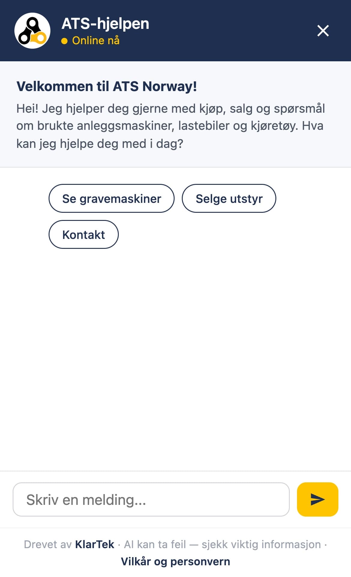 Chatassistenten hos ATS Norway (velkomstskjerm)