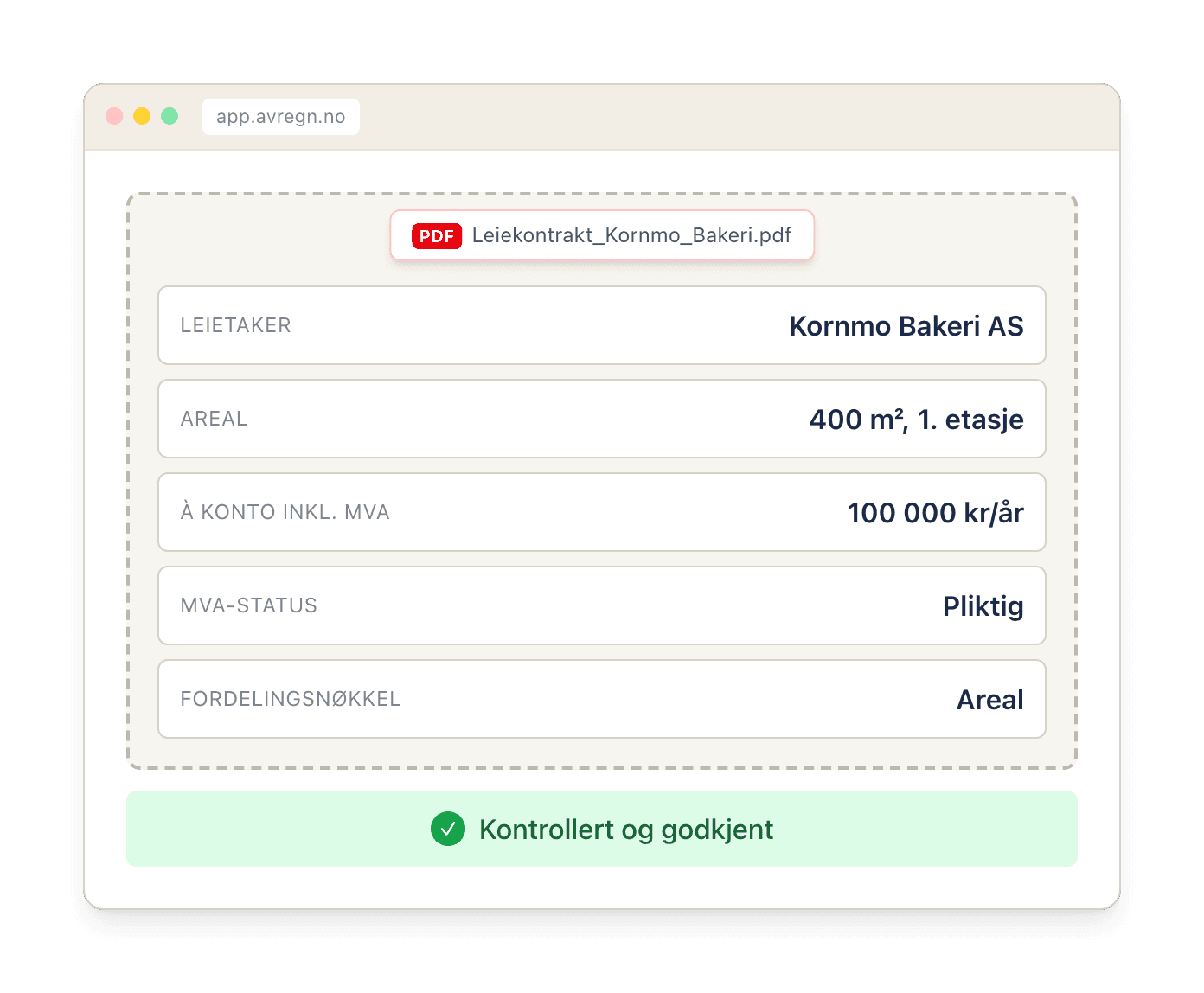 Avregn leser leiekontrakten og viser feltene til kontroll