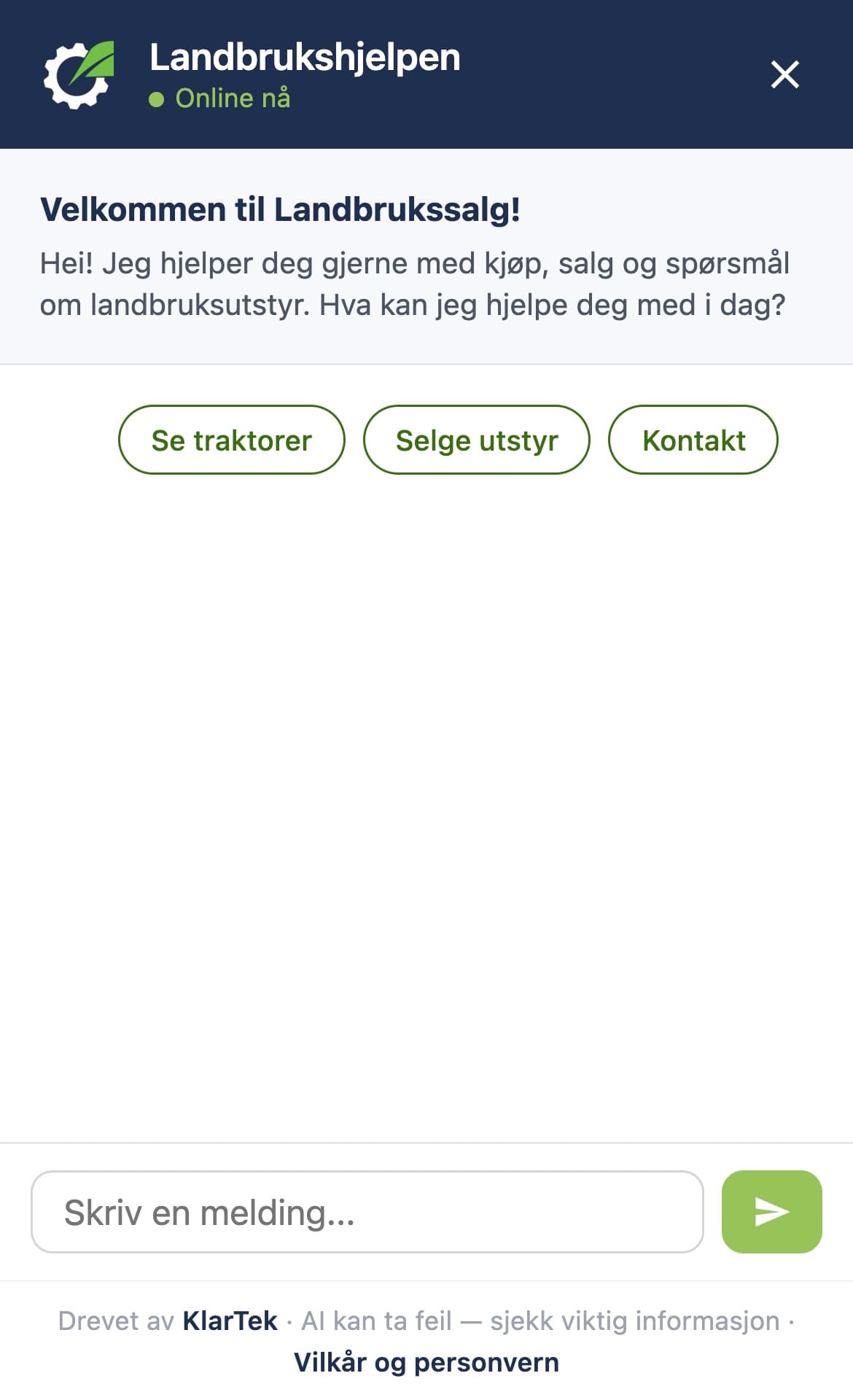 Chatassistenten hos Landbrukssalg.no (velkomstskjerm)